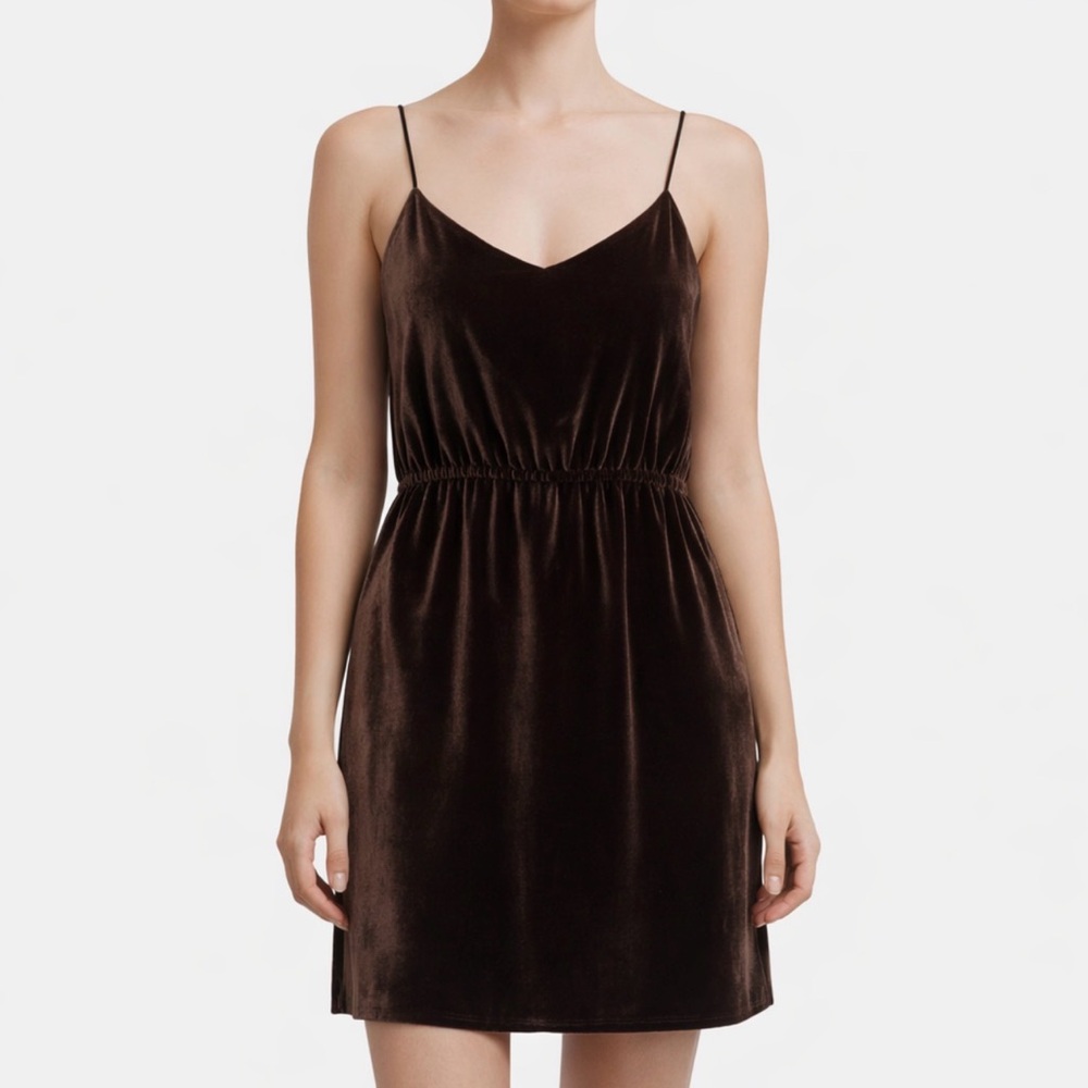 Twelfth Street Brown Velvet Spaghetti Strap Dress with Elastic Waist
